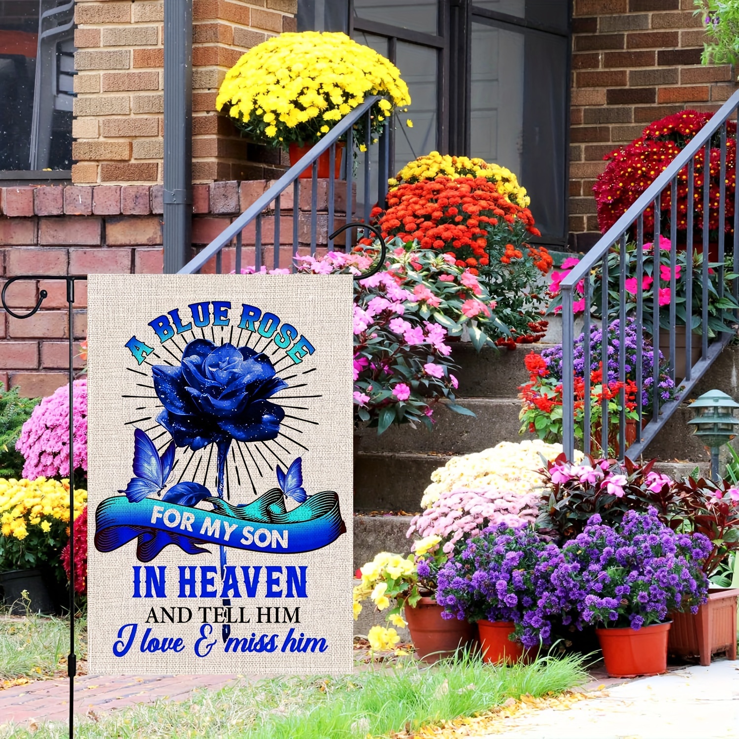 

Memorial Garden Flag For Son - 12x18 Double-sided Linen Flag With Blue Rose Design - Outdoor Cemetery Decoration Without Flagpole