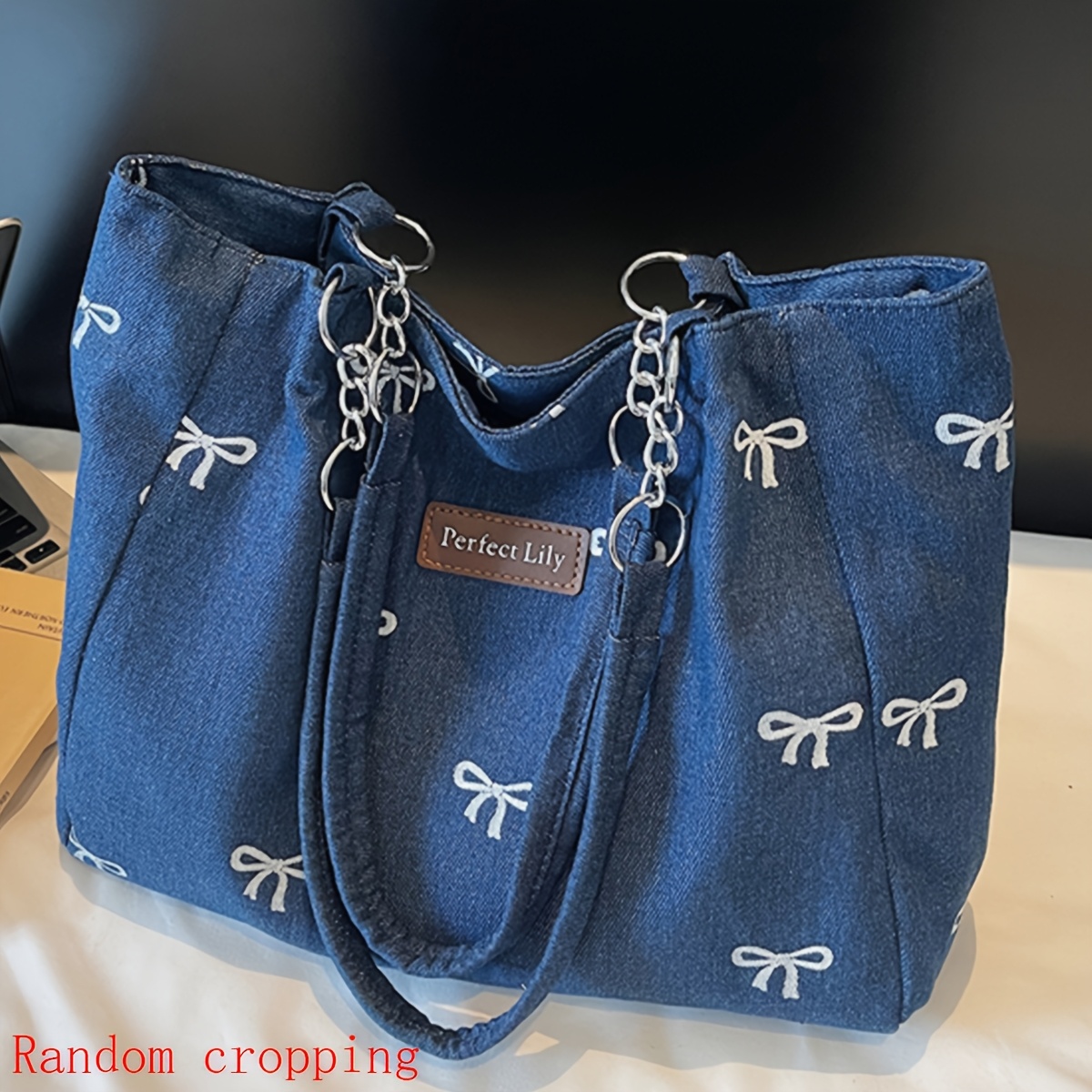 TEMU Perfect Lily Women's Trendy Tote Bag With Bow Embroidery And Fixed Chain Strap - Casual Stylish Handbag Suitable For Daily , Shopping, And