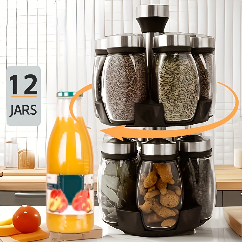 12 jar double deck rotary spice rack organizer, glass countertop spice holder with step shelf, reusable labels & funnels, multifunctional kitchen spice storage system