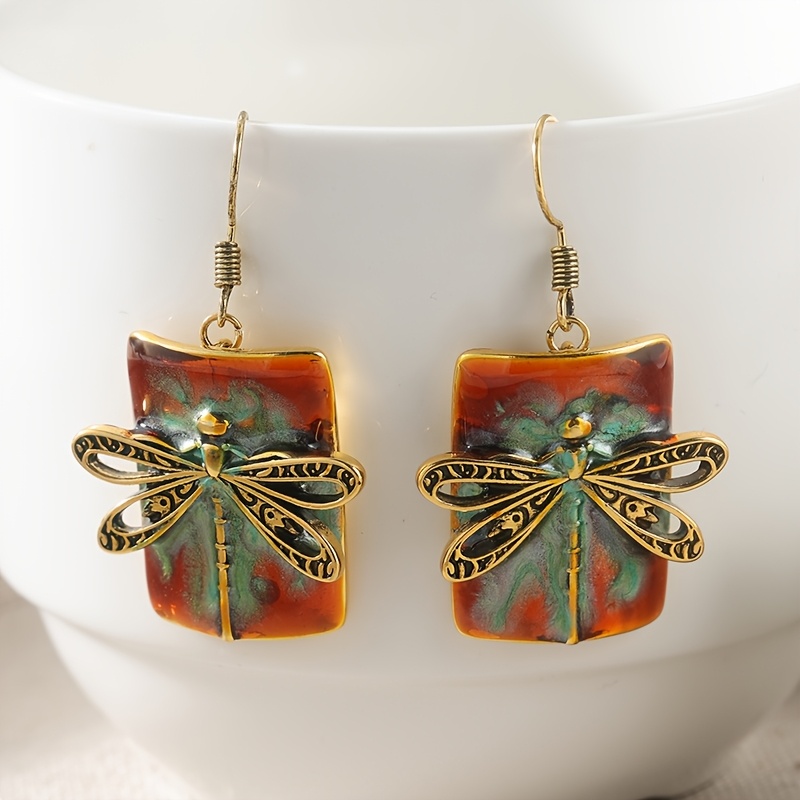 TEMU Vintage Ethnic Style Dragonfly Rectangular Pendant Earrings, Bohemian Style Cute Pendant Earrings, Women's Earrings Suitable For Daily Party
