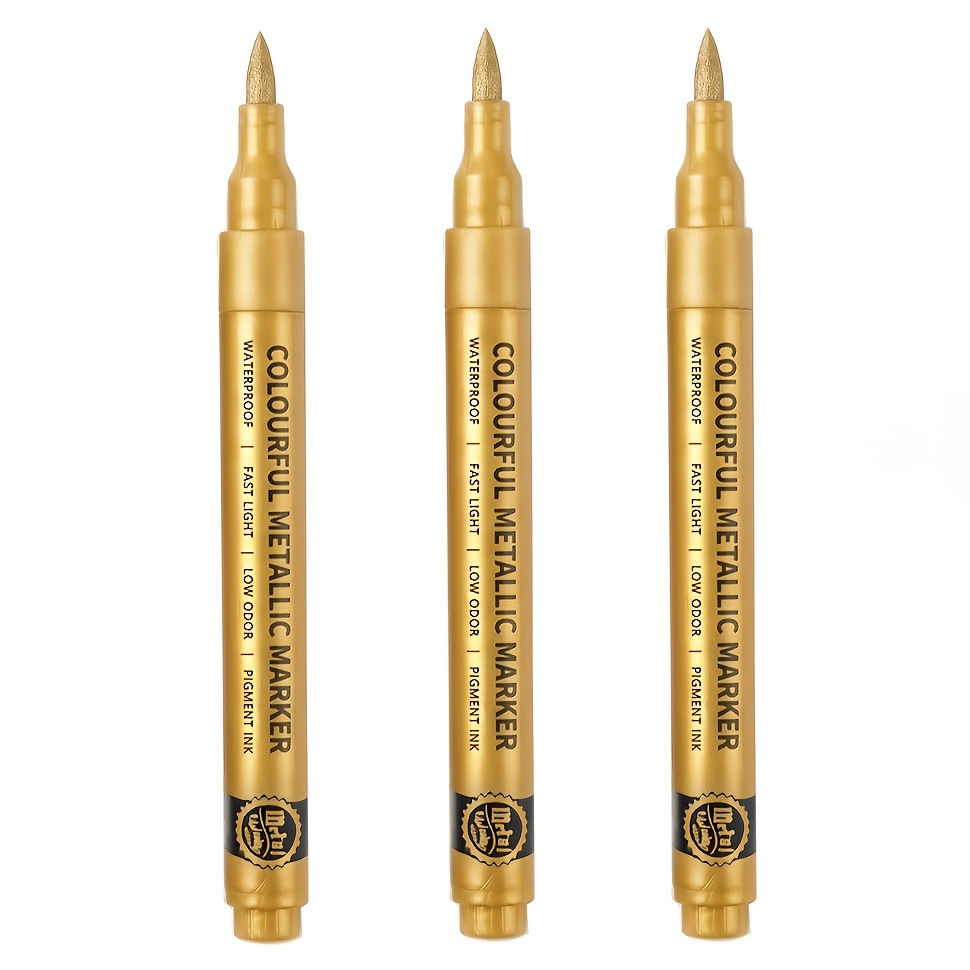 TEMU Set Of 3 Metallic Markers (golden, Silvery, And Copper) -professional - Grade Art Pens With,, And Quick-drying Ink; Ideal For Rock Painting, Diy