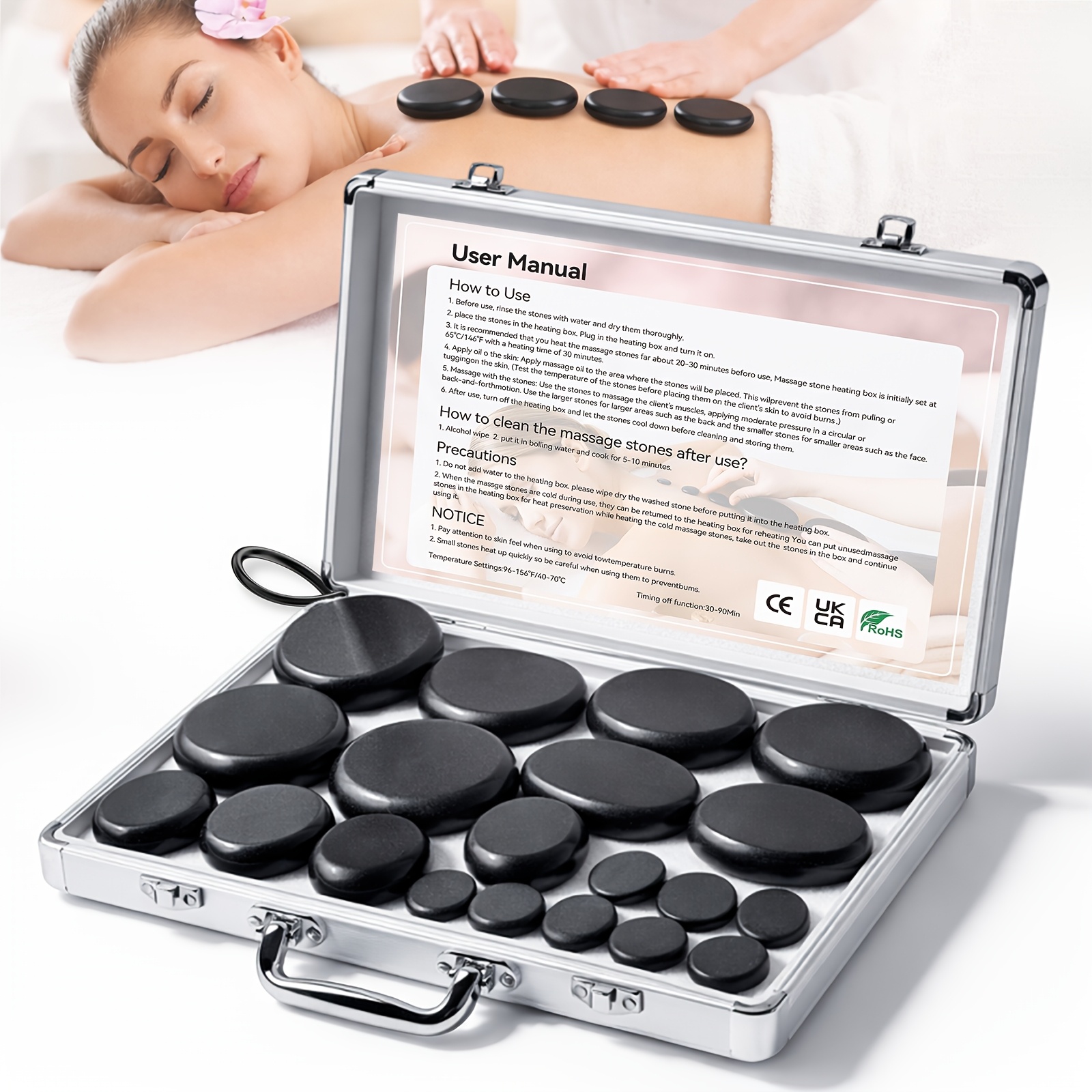 Image of Hot Stone Massage Kit - Box With 10pcs Stones/20pcs Stones, Professional Spa Massage Tools, Convenient To Carry, Anytime