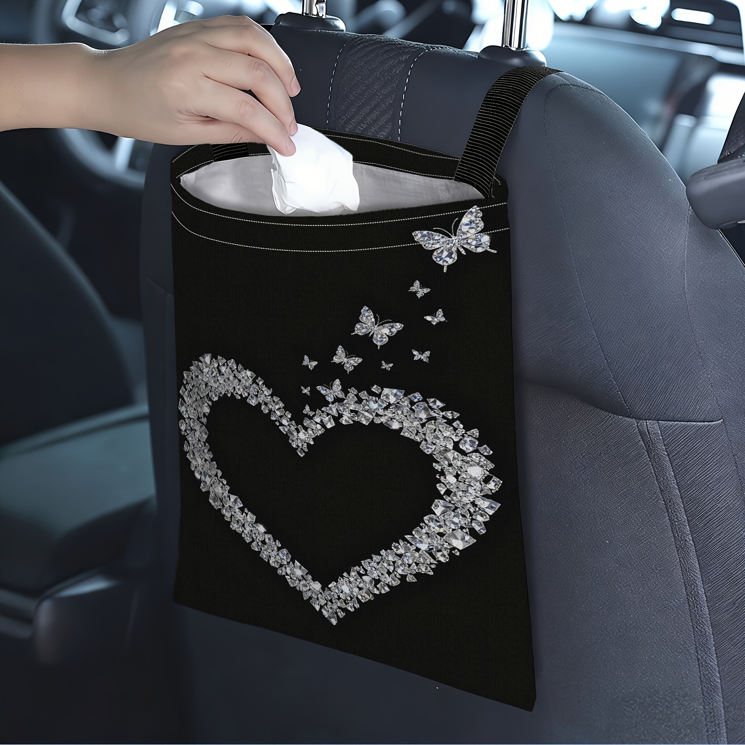 TEMU 1pc Sparkling Heart-shaped Diamond Theme Car Trash Bag, Hanging Style, Space-saving, Perfect For Vehicle Additions, Camping And Travel, Rear Car