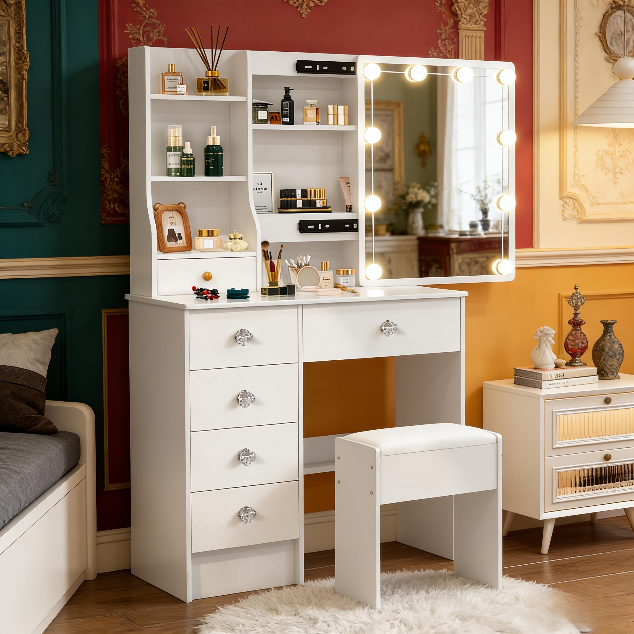 TEMU 6 Drawers Dressing Table Set Makeup Table With 10 Led Bulb Mirror