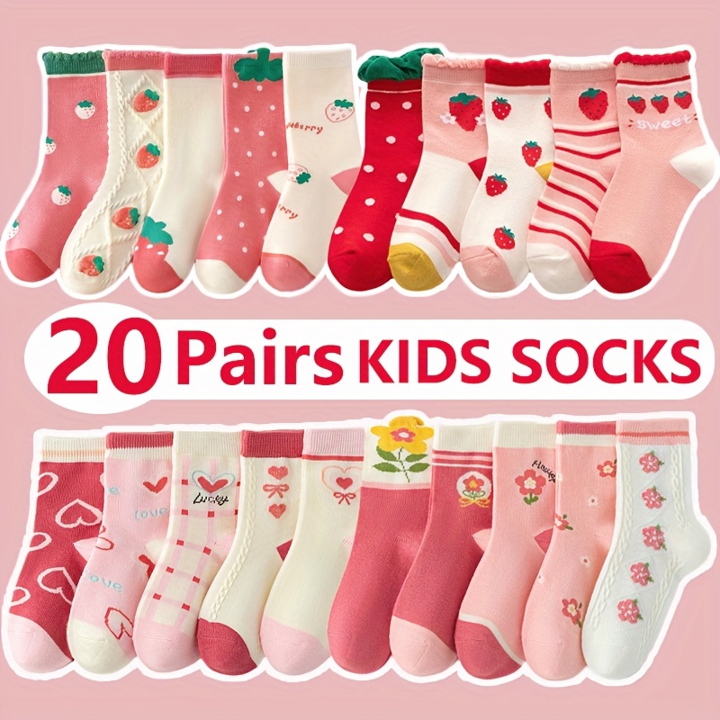 

20 Pairs Kids Mid-calf Socks, Cartoon Pattern, Polyester Blend, Hand Wash, All-season, Knit Fabric, For Children 0-14 Years Old