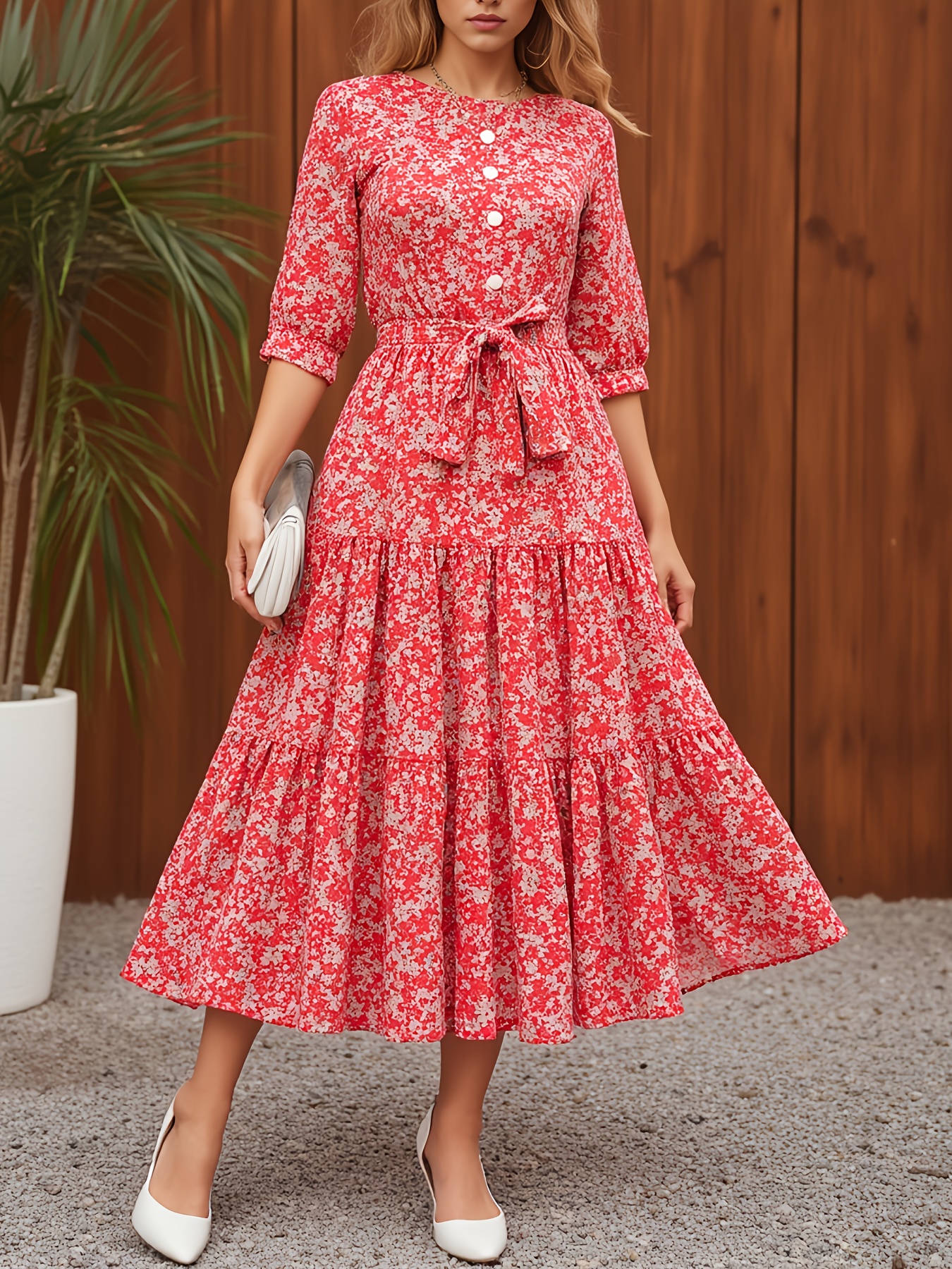 round neck puff sleeve button front belted red   ditsy floral     style midi dress