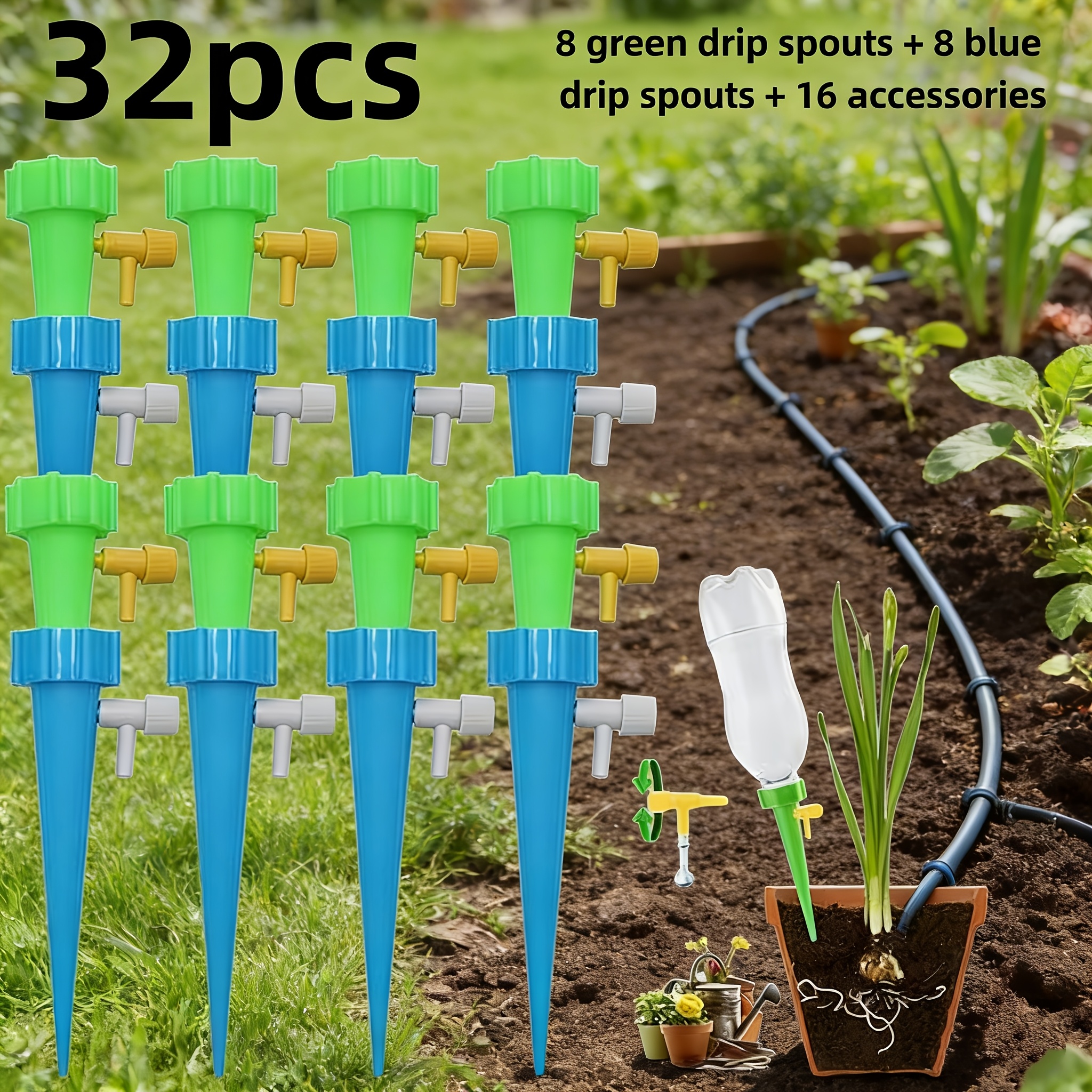 TEMU 32pcs Automatic Plant Watering Spikes Featuring 8 Green And 8 Blue Nozzles, Along With 16 Additions And An Adjustable Control Valve For Drip