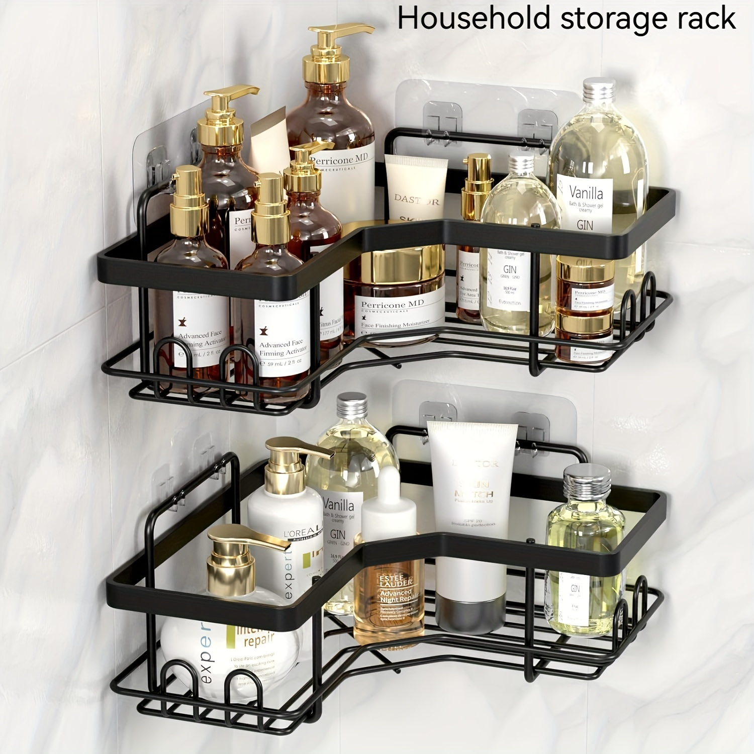 

2-pack Corner Shower Caddy, No-drill Adhesive Shower Organizer Shelf With 8 Hooks-waterproof, Rustproof Wall-mounted Storage For Bathroom, Dorm, And Kitchen-black