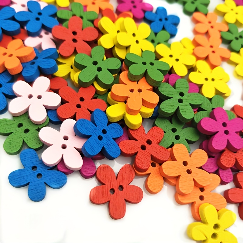 200pcs Multicolor Mixed Wooden Flower Button Decorative Beads With 2 Holes, For Sewing, Diy Crafts, And Embellishments