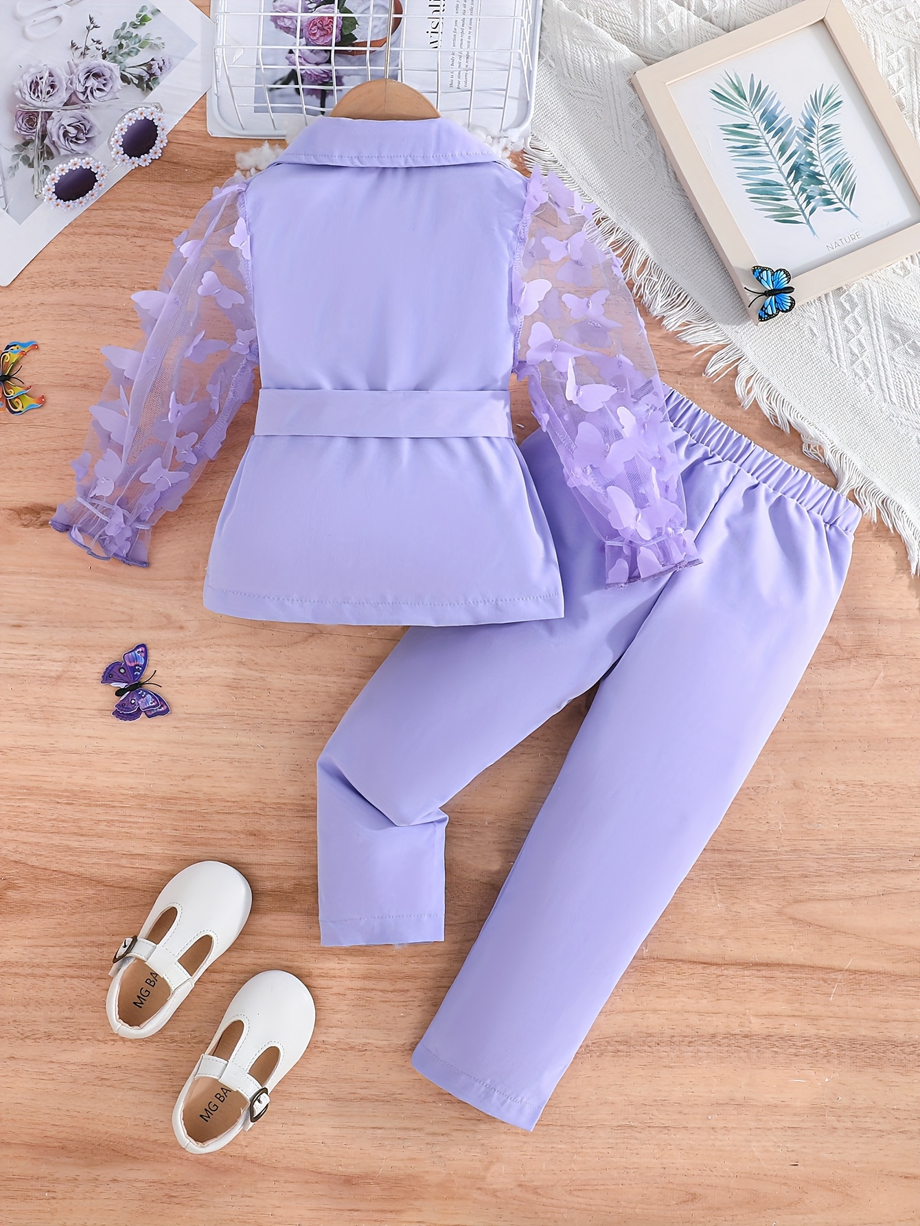 2pcs Girls' Butterfly Blazer and Solid Color Pants Set