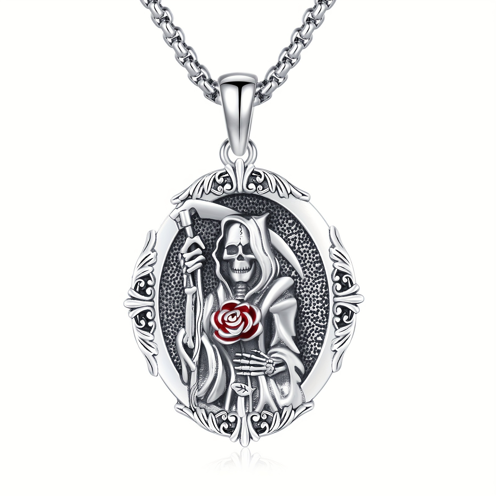CELESTIA Santa Muerte Cadena Calavera Sensenmann Cráneo Colgante Collar Gótico Collar Plata 925 Halloween Joyería Regalo Gótico Mujeres Cadena De Protección Con Cadena De Acero Inoxidable 60 Cm, Plata