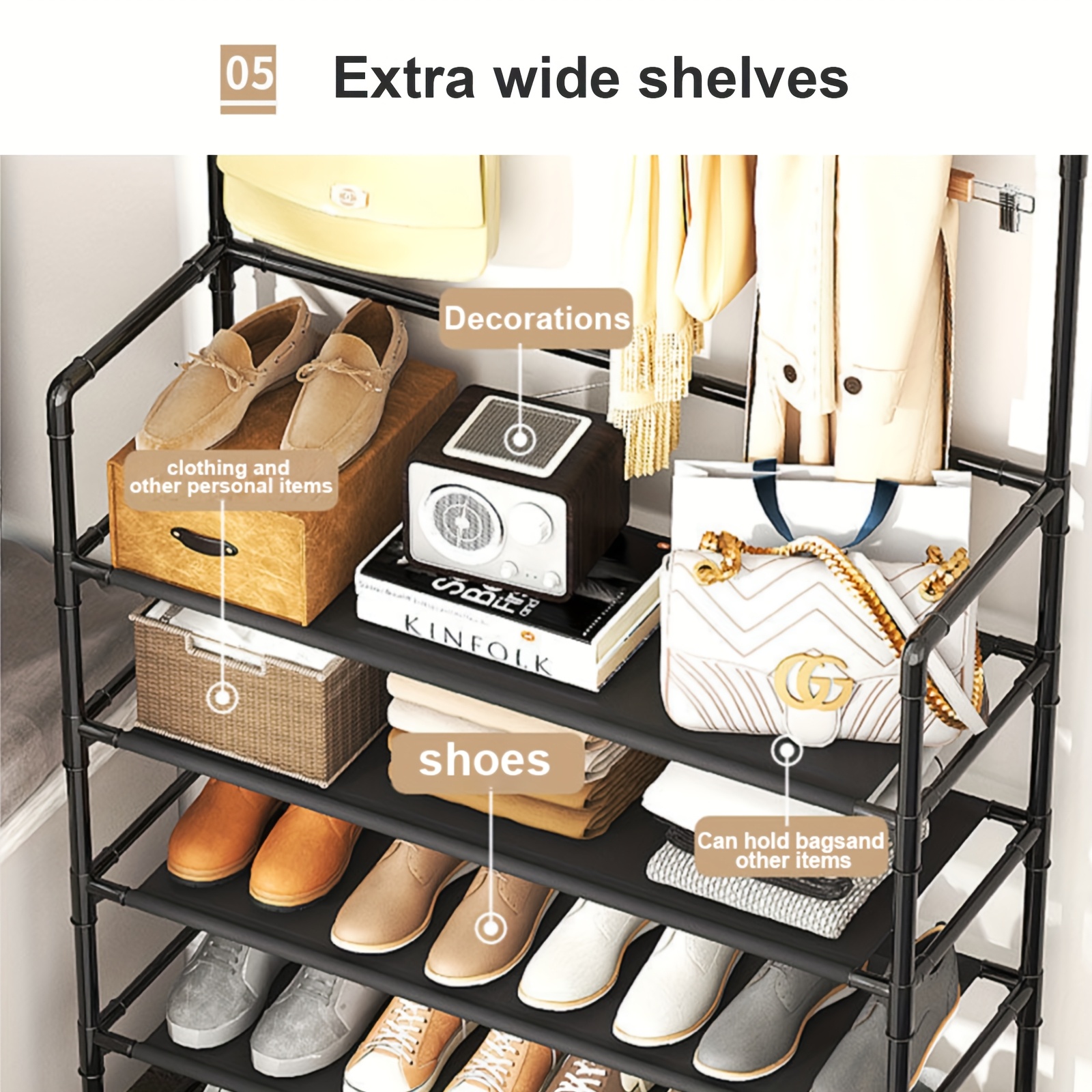 a 5 layer carbon steel shoe rack with 8 hooks suitable for shoes bags umbrellas boots hats multi purpose storage organizer sturdy and space saving easy to assemble suitable for living room bedroom rental room entrance hall details 5