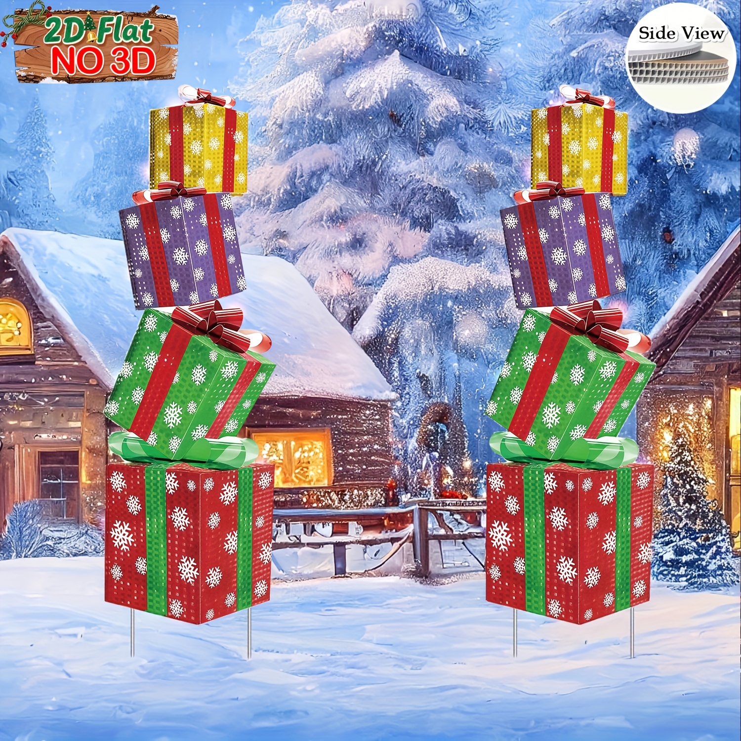 Image of 2d Flat, 4-color Gift Box Christmas Yard Signs - Durable Plastic, Stake-style Outdoor Decorations For , Christmas Decorations Outdoor, Best For Christmas, Christmas Decoration Outdoor No 3d
