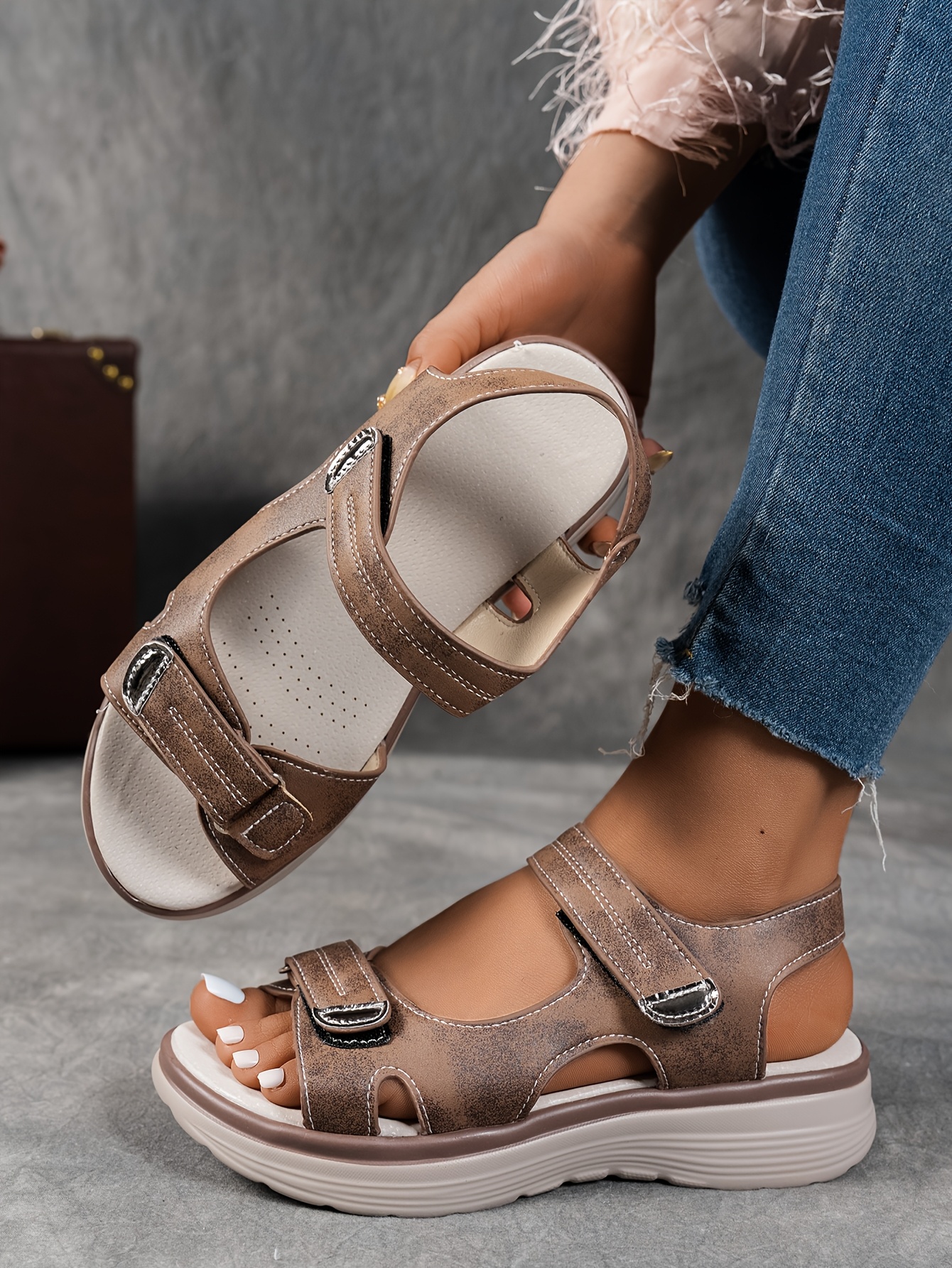 womens summer casual black platform wedge sandals open toe breathable pu upper ankle hook and loop closure solid color beachwear strappy sandals details 14