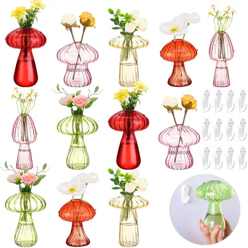 12 sets mushroom wall vases for flowers glass hydroponic plant propagation station with hooks multi color classic round vases for home office windowsill decor no electricity needed mushroom vase