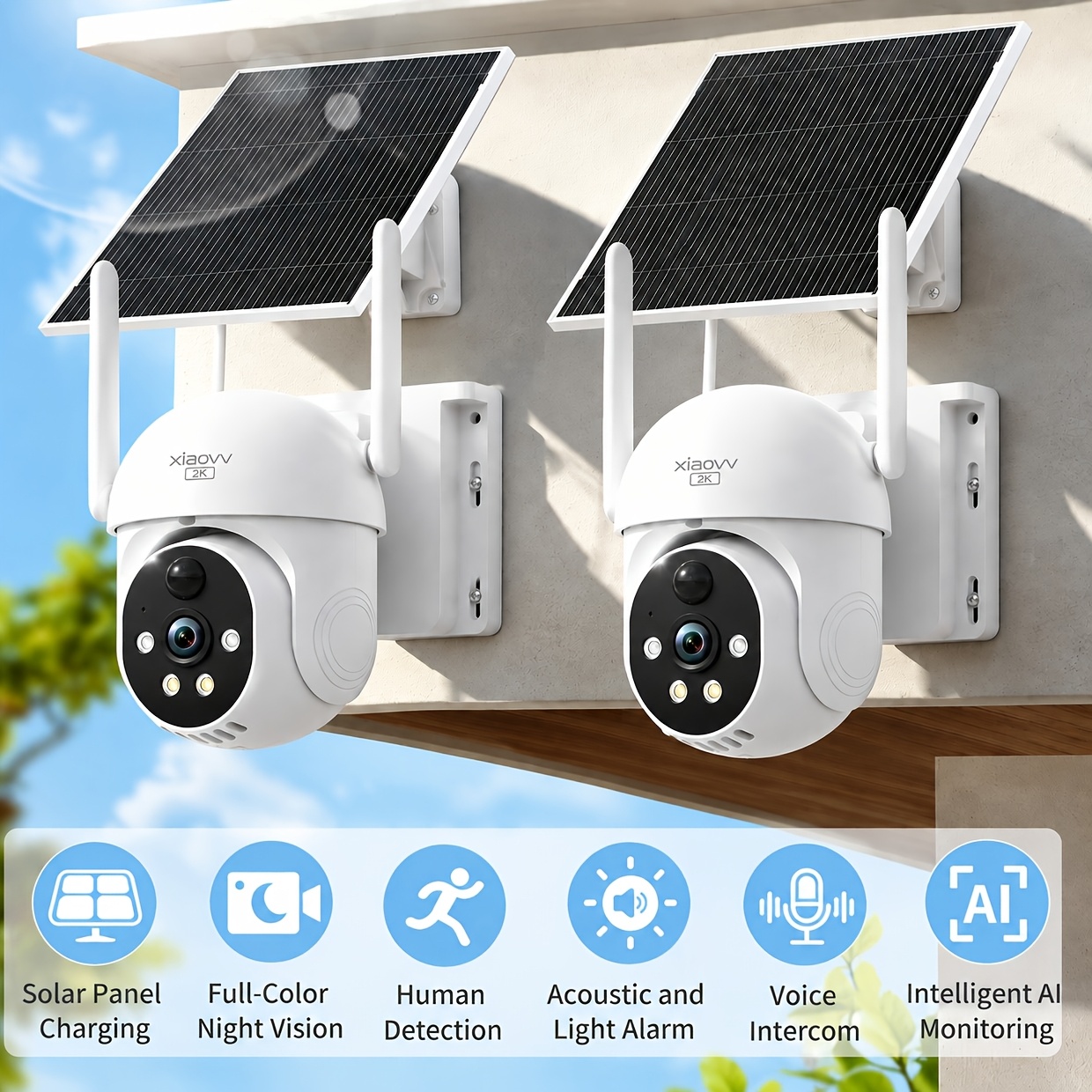 Image of Xiaovv 2pcs 4mp Solar Outdoor Security Camera, Wifi Camera, 355° Ptz Rotation, With Motion Detection, Humanoid Detection, Color Night Vision, Voice Alarm, Suitable For Outdoor Environment