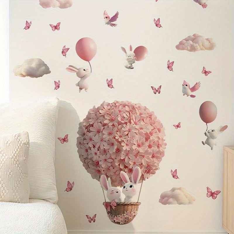 Image of Rabbit Riding Pink Flower Hot Air Balloon, Pink And Bird Wall Stickers, Self-adhesive Decals For Living Room Bedroom Study, Removable Pvc Wall Mural