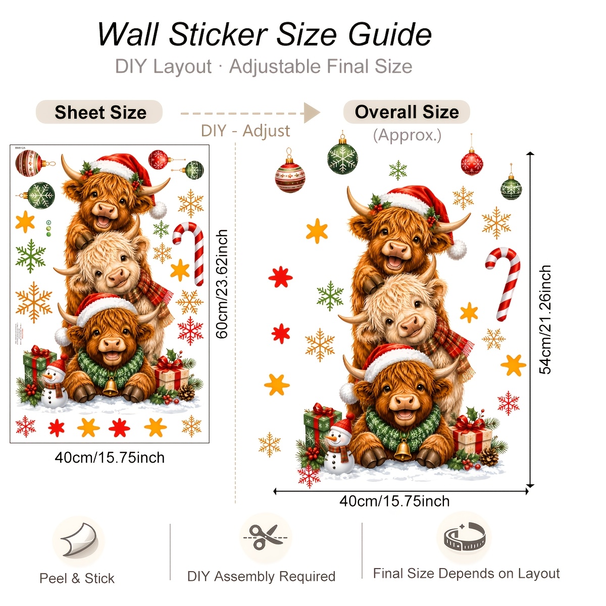 TEMU 1pc 40x60cm Christmas Highland Cow Door Wall Sticker Stacked Cows Santa Hat Scarf Snowman Gift Box Bauble Candy Cane Snowflake Pine Cone Self