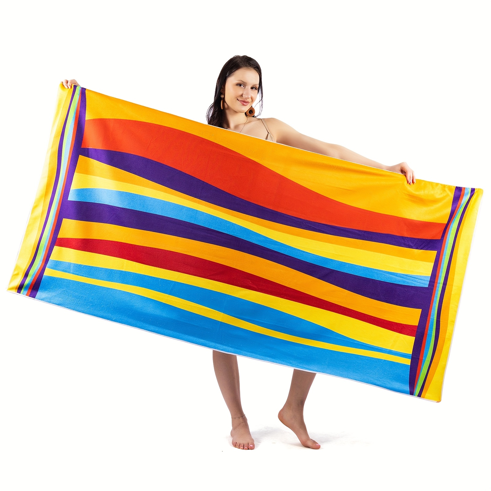 TEMU 1pc Extra Large Striped Beach Towel - Microfiber, Quick-dry & Sand-free, Vibrant Stripes For Travel, Yoga, Camping, Swimming - Perfect Bathroom