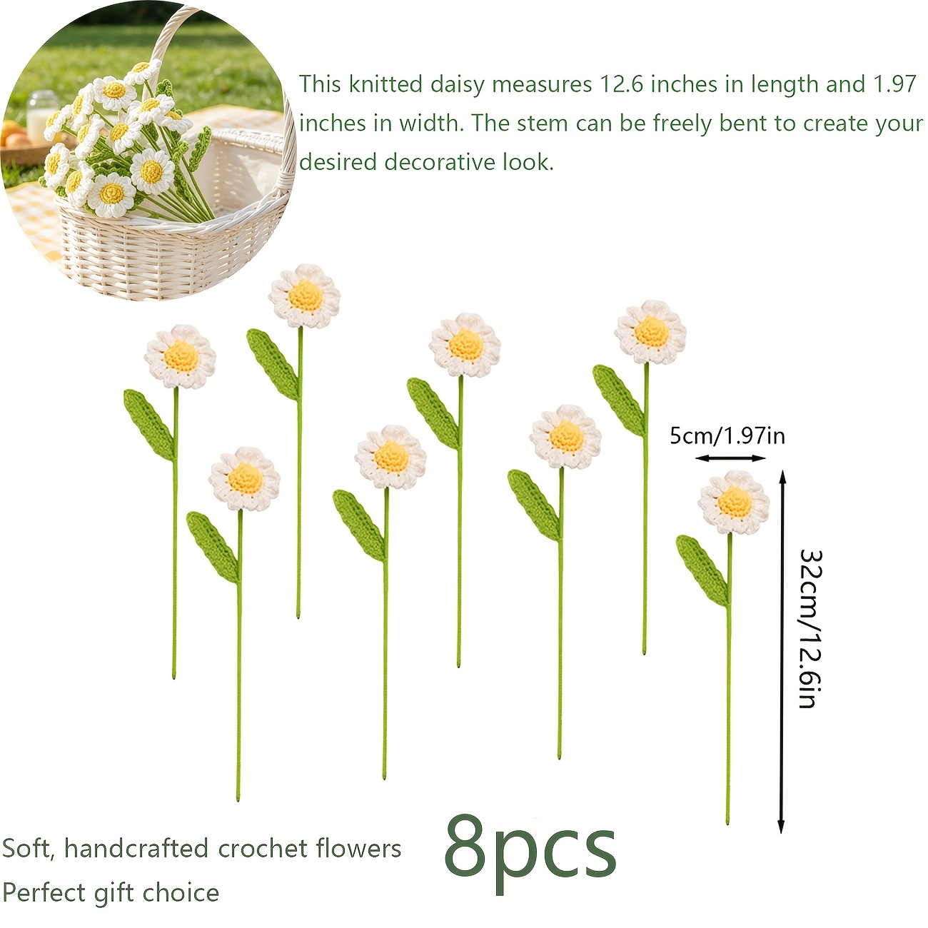 TEMU Lot de 8 bouquets de marguerites au crochet faits à , ornement de fleur tricotée réaliste, jolis cadeaux pour de mariage, fête de de diplôme,