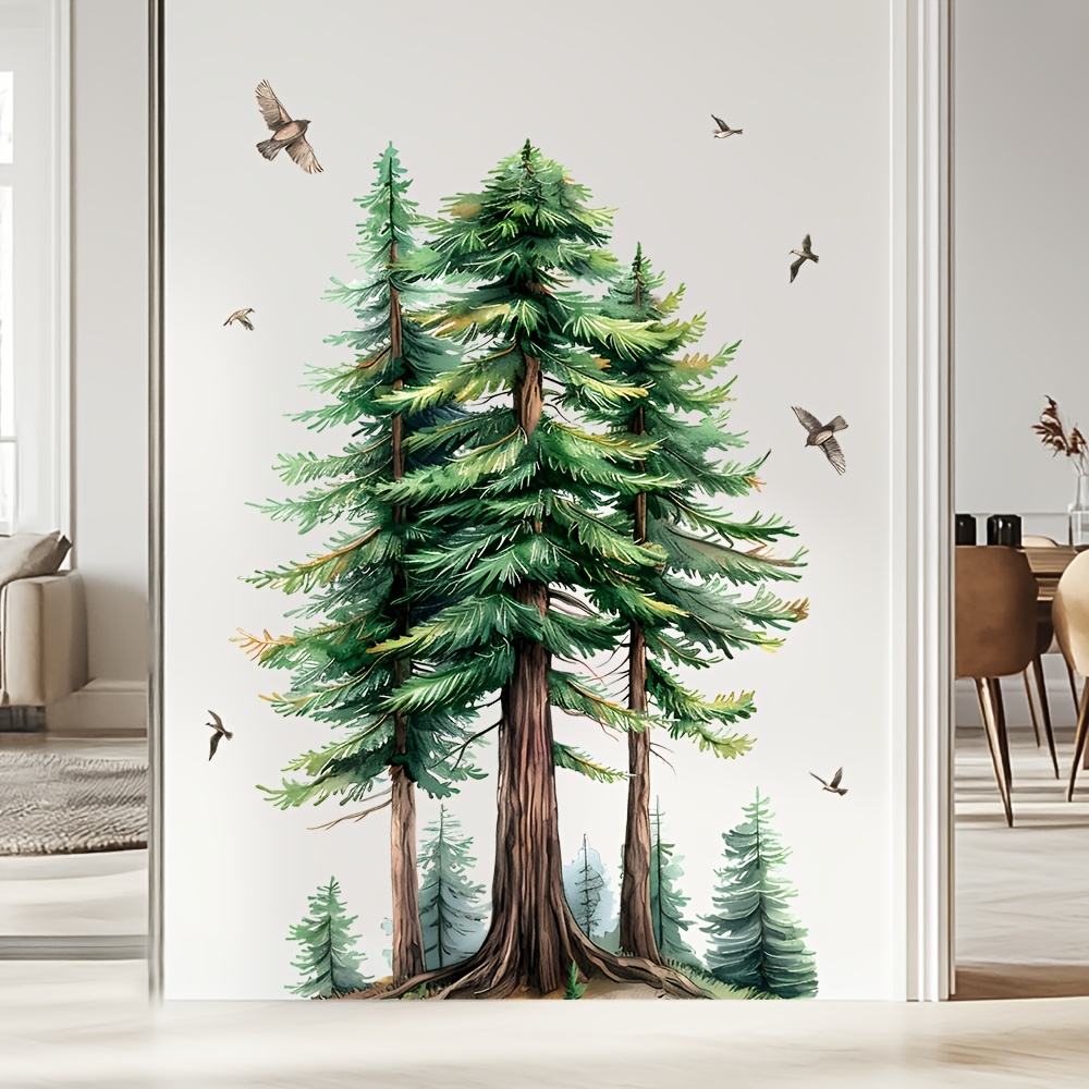 TEMU Autocollant mural 1 pièce Forêt de pins aquarelle - Décalcomanie sur le thème des grands arbres à feuilles persistantes et des oiseaux en vol,