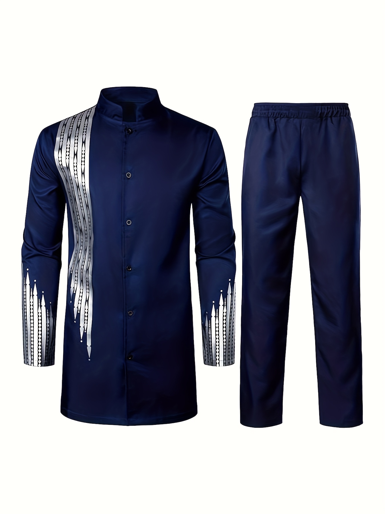 Men'S Casual Long-Sleeve Two-Piece Suit - Mid-Length Top & Trousers, Button Detail, Loose Fit, All-Season Wear, Traditional Cultural Attire, Formal & Everyday Outfits