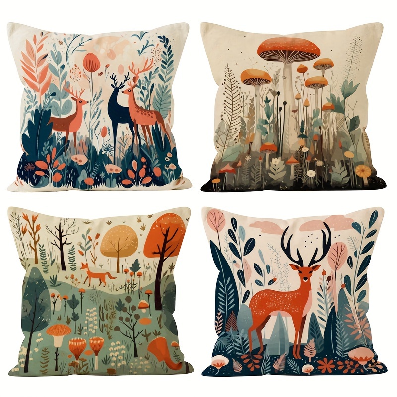 

4pcs, Deer Tree Flower Pillow Cover For Couch Sofa Bed,watercolor Wild Animals Decorative Outdoor Cushion Couch Sofa Pillowcases Boho 18inch X 18inch