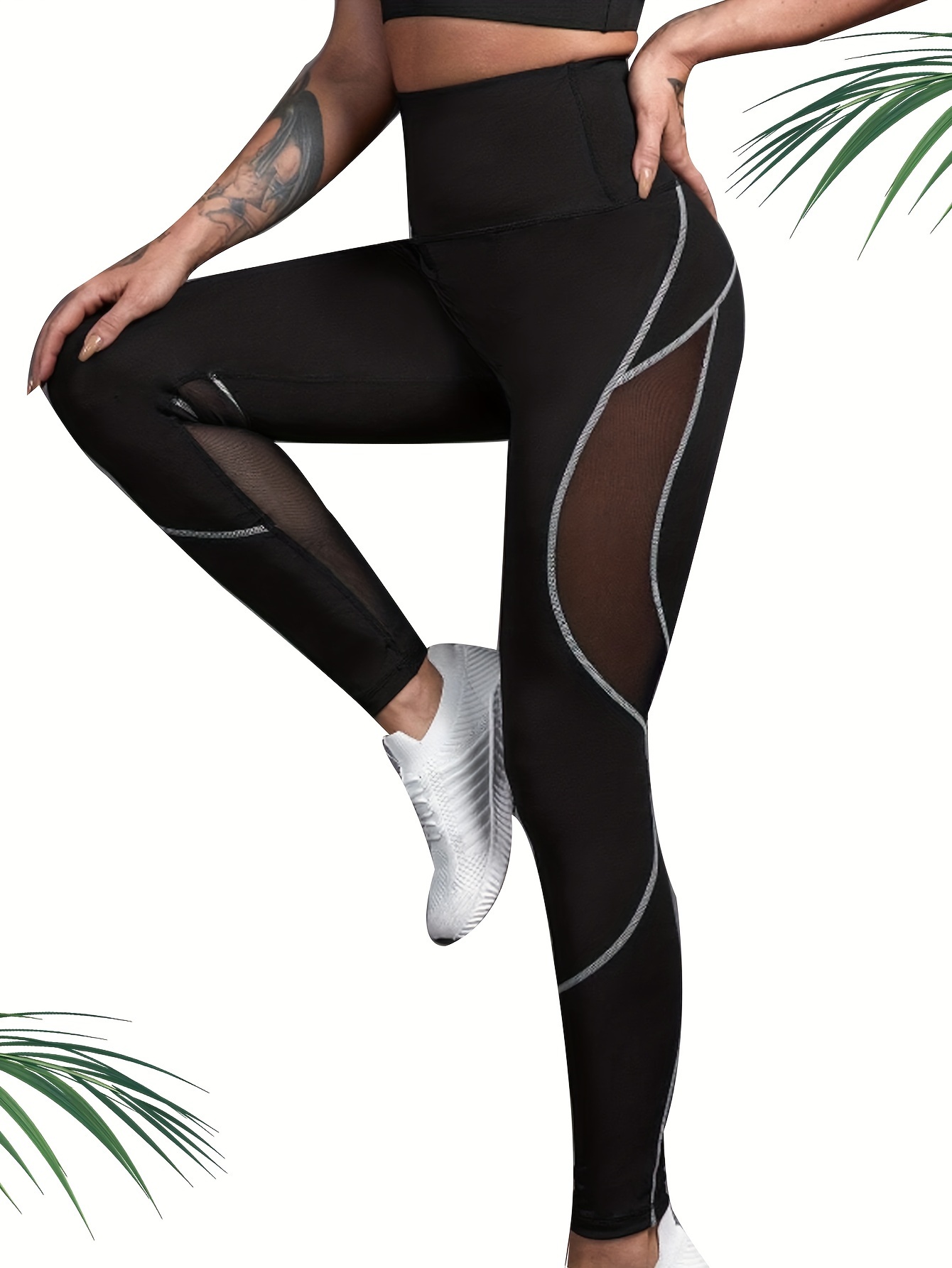 Mesh Contrast Breathable Fitness Sports Leggings, Running Yoga Workout  Tight Pants, Women's Activewear