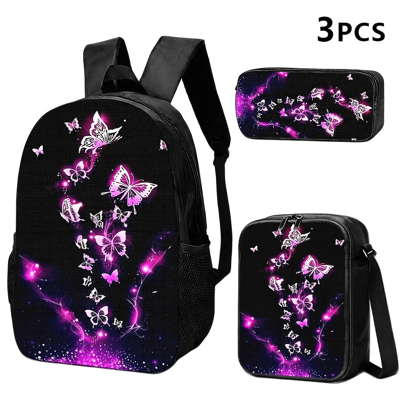 TEMU A Black Backpack, Crossbody Bag, And Pouch Featuring A Purple And Pink Nebula Design, Use By City Or Casual