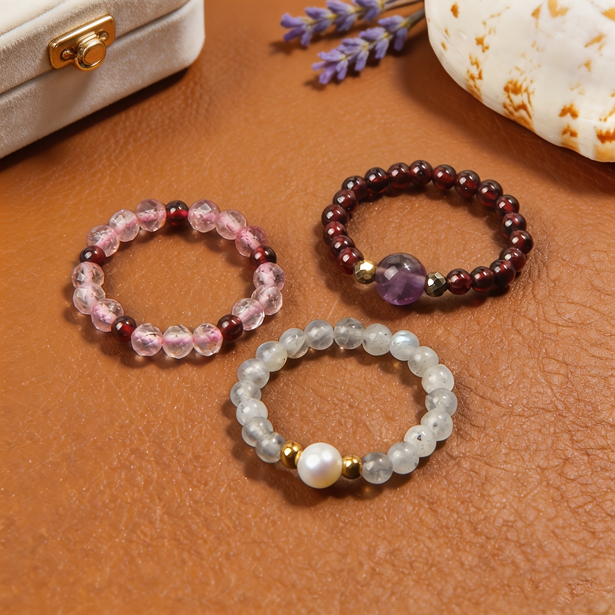 3pcs Natural Rose Quartz Stackable Ring Set, Exquisite Gift