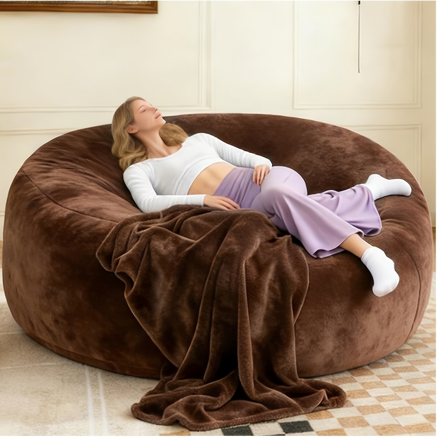 Image of 6ft Comfy Bean Bag Chair Suitable For Adults - Soft Fluffy Beanbag Sofa With Washable Cover & Foam-filled, Lounger For Living Room, Bedroom, Game Room, Lounge - No , Multicolor Flannel/ Chair