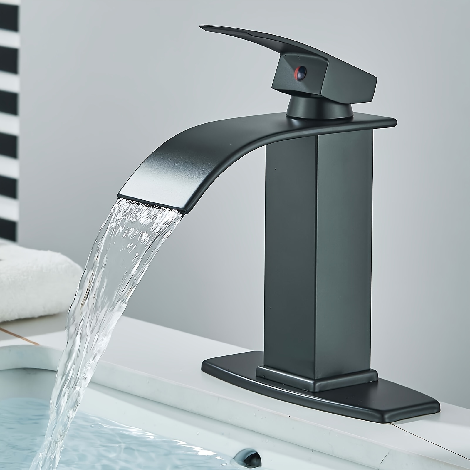 

1pc Black Waterfall Spout Bathroom Faucet, Single Handle Vanity Sink, Rv Lavatory Vessel Faucet Suitable For 1 Or 3 Holes With 6 Inch Deck Plate & Hose Matte Black