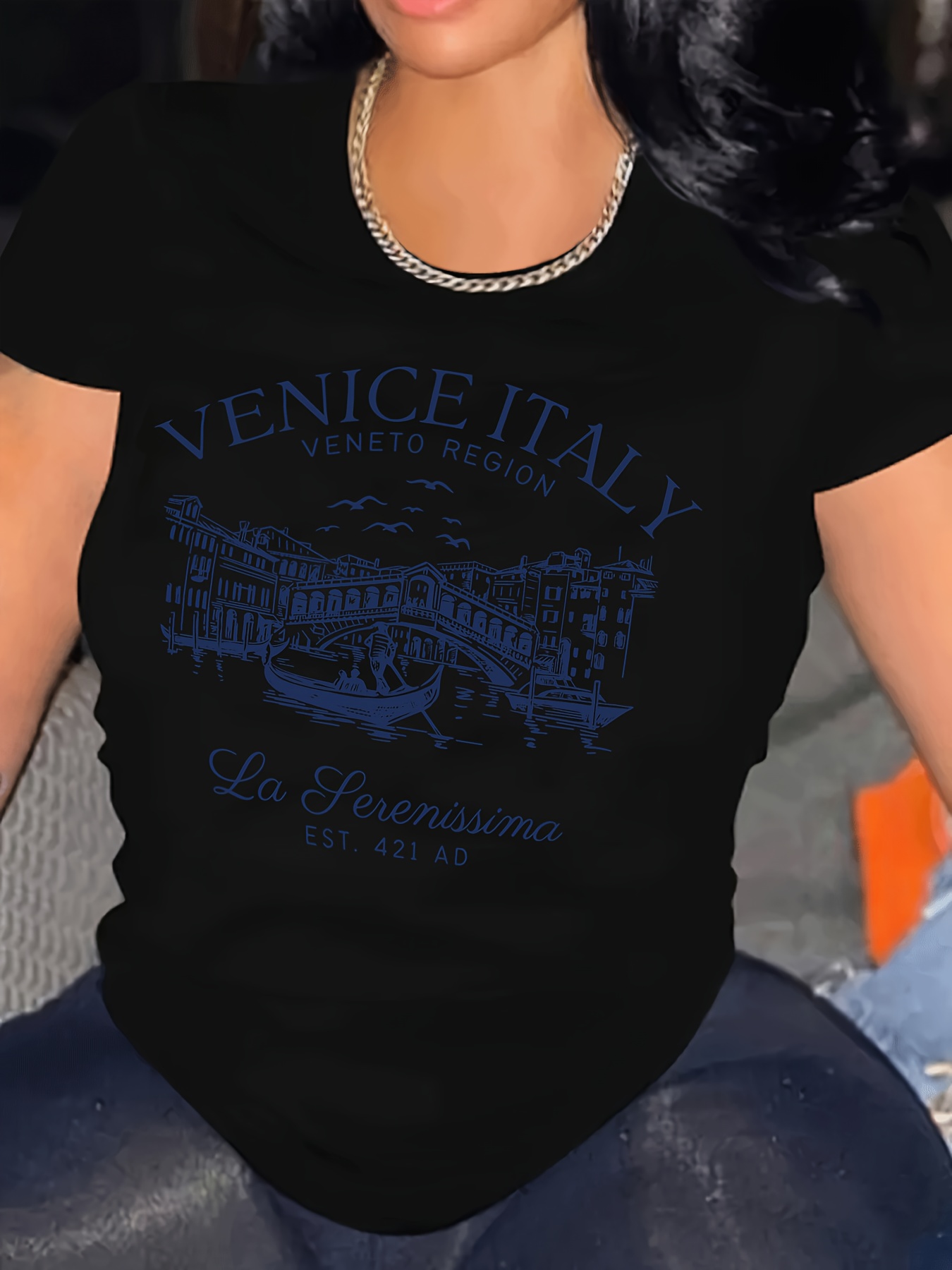Women s Plus Size Casual Sporty T-Shirt, Venice Italy Print, Comfort Fit Short Sleeve Tee, Fashion Breathable Casual Top
