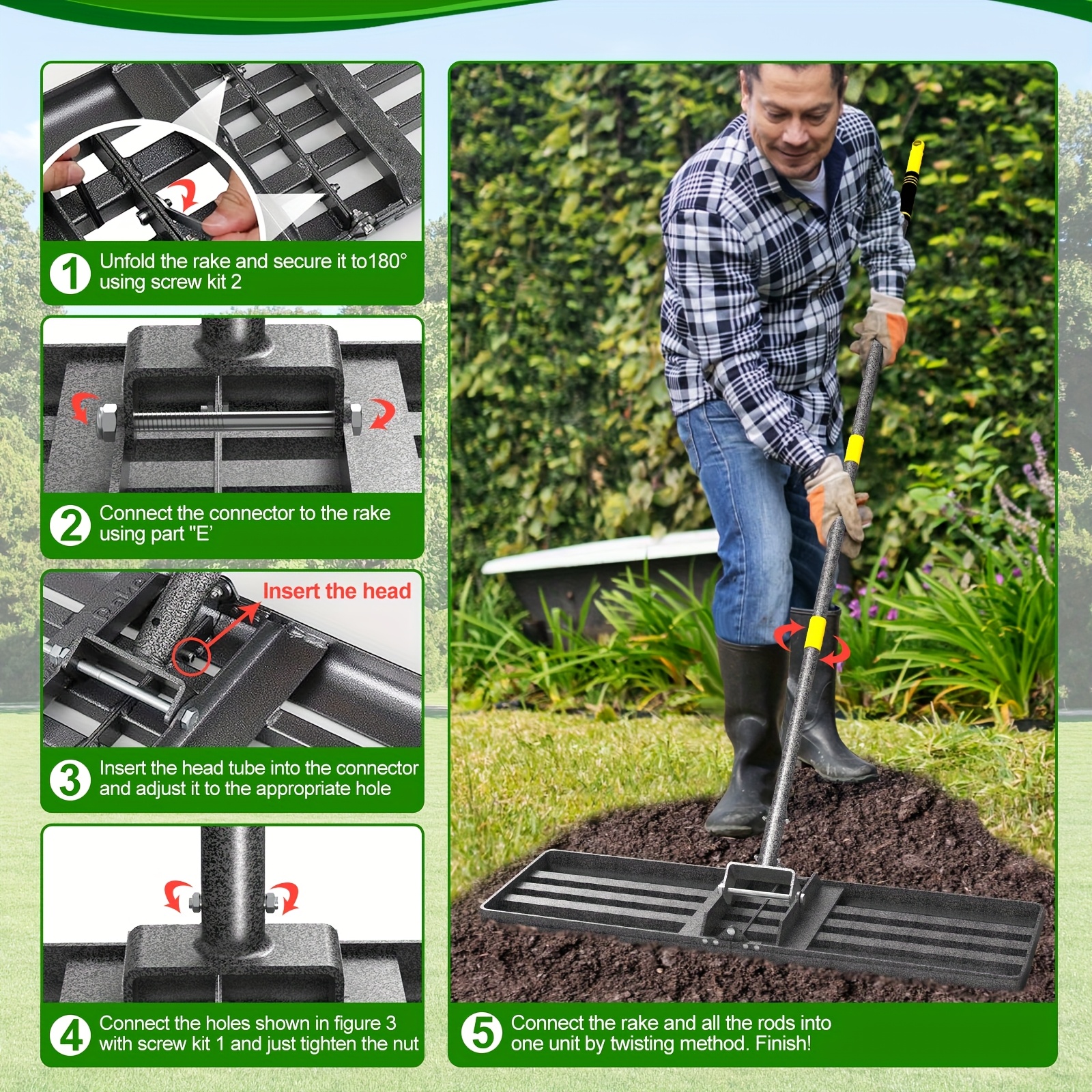 61 In. Adjustable Steel Long Handle Lawn Leveling Rake With Aluminum Rollers Strl 007 D28