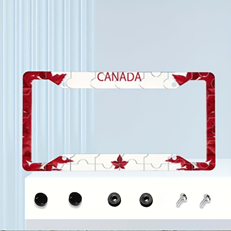 TEMU 1pc Leaf Jigsaw Puzzle-style License Plate Frame - Red And White , Suitable For Us Vehicles, Adds A Touch To Your Vehicle, For Decoration Only