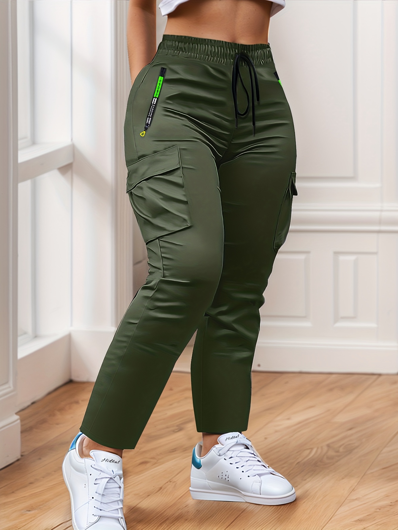womens multi pocket cargo pants spring autumn thin style with zippered features and straight leg casual trousers for outdoor dates green 0