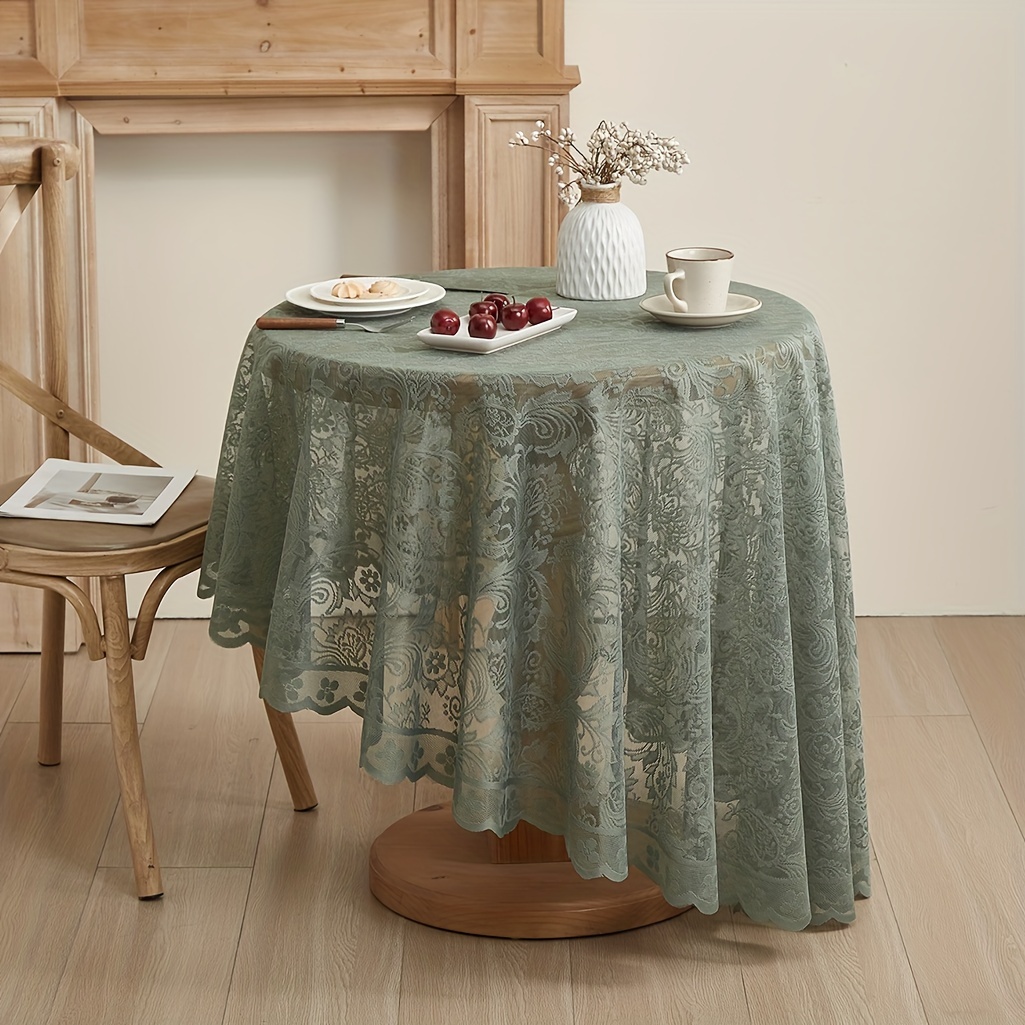TEMU 1pc Of White And Green Lace Tablecloth With Phoenix Tail Design, Suitable For A Round Table In A High-end -style Restaurant
