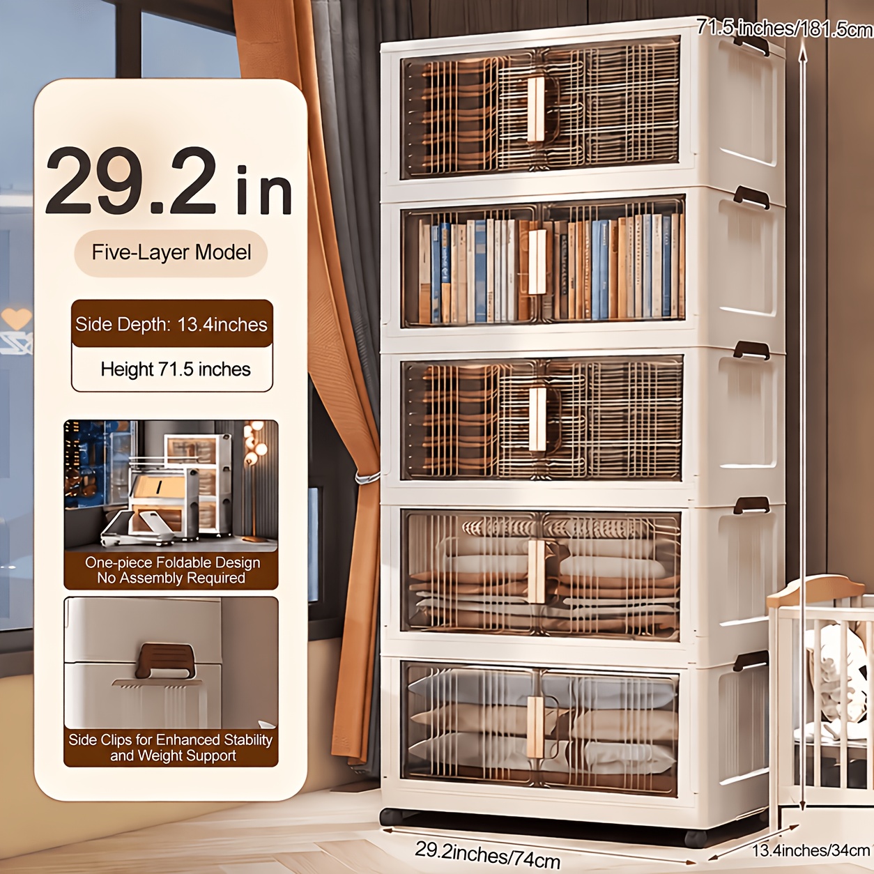 TEMU Organizzatore pieghevole extra large da 74 cm, scaffale impilabile a 3/4/5 ripiani con ruote, ante anteriori trasparenti, unit� di stoccaggio in