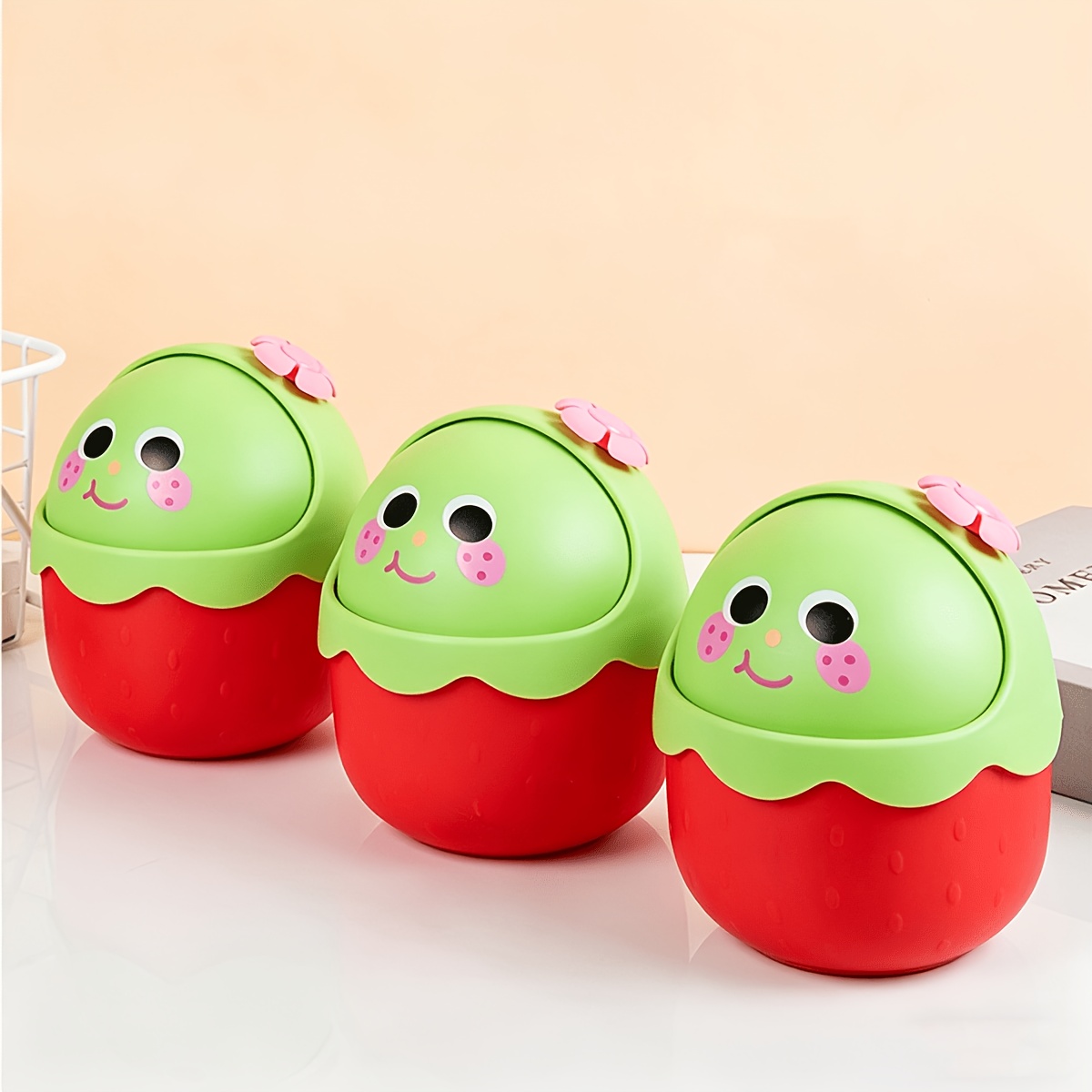 3pcs Mini Face Trash Can With Manual Lift Lid - Cute Face Storage Bin, Polished Plastic Small Waste Basket Suitable For Office Desk, Dressing Table, Room,, For & Organization, Space- Garbage Bin