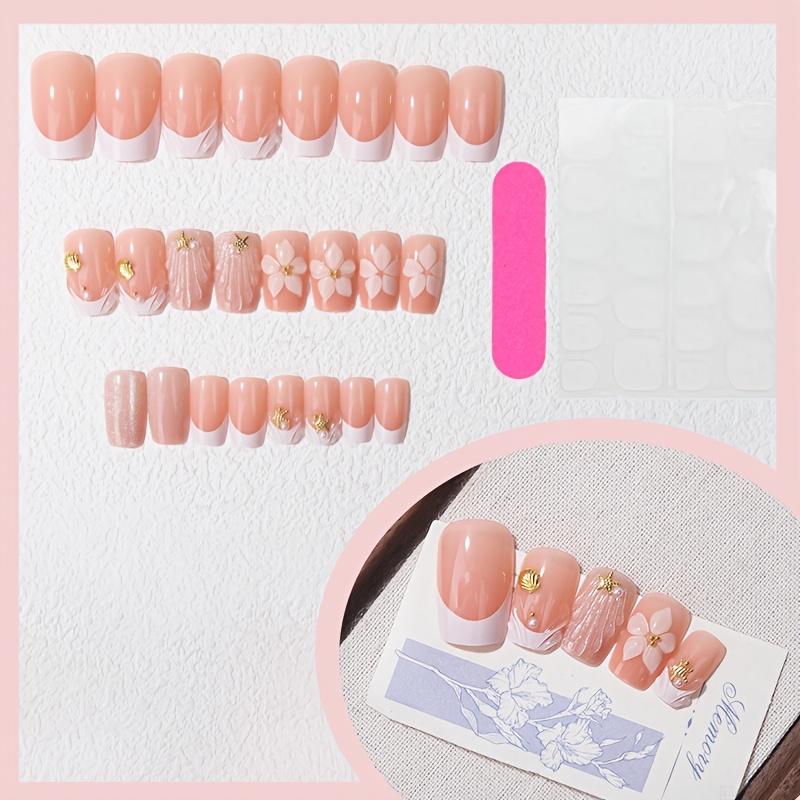 TEMU 24pcs Full Set Nude Pink Milky White Micro Press-on Nails With Three-dimensional , Shell, Starfish, Metal Embellishments, Embossed White