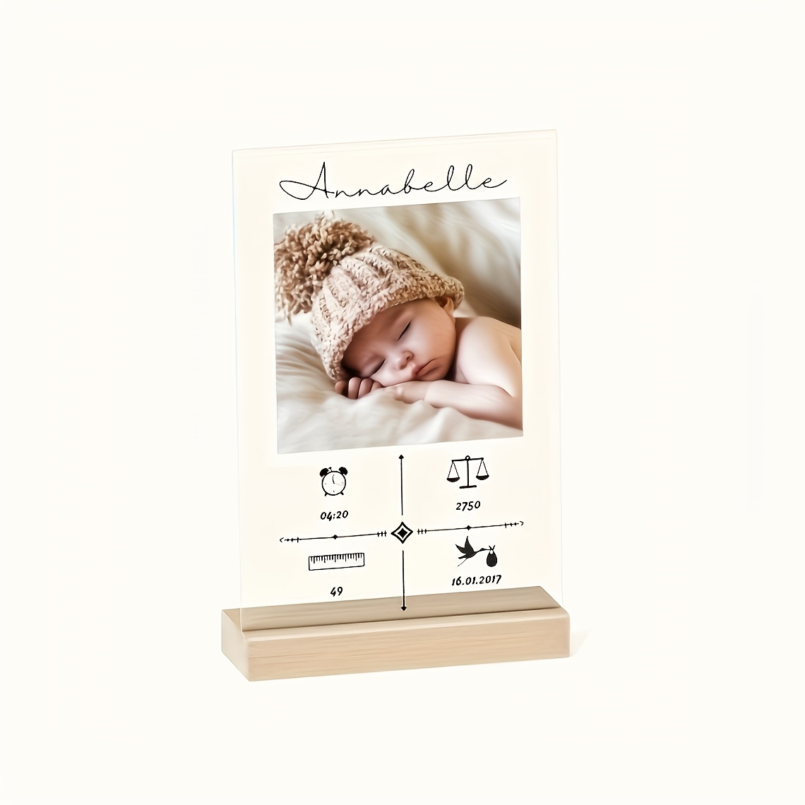 E-shop 2D Flach, personalisiertes Baby-Foto-Display – Name//Foto, Herzschlagüberwachung & Holzgrundplatte – Acryl-Erinnerungsstück für
