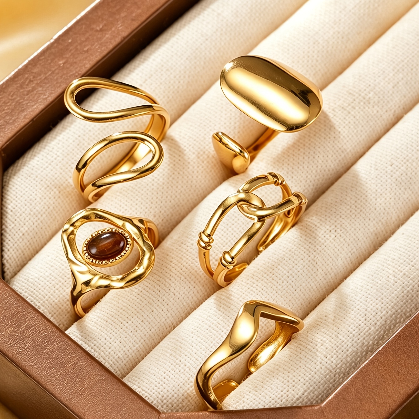 TEMU 5pcs Set Stainless Steel Open Rings With Eye Stone, Twisted Rope, Geometric Irregular Elements, For Daily Commuting, Dating, And Stacking