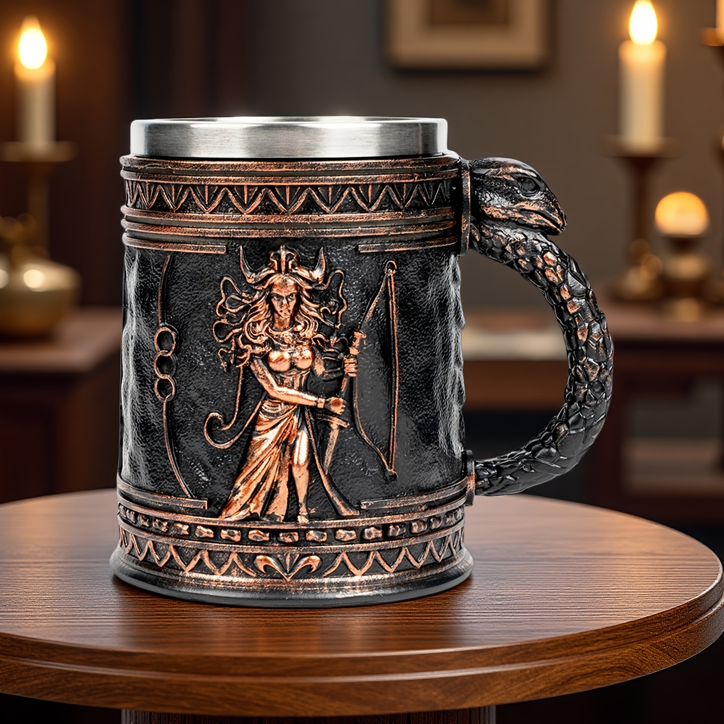 medusa greek mythology stainless steel beer mug with resin accents - insulated non-slip oval cup for coffee, beer & wine - reusable gift for halloween, christmas,  , mother’s day, festive drinkware, medusa design,   material, holiday decor, medusainspired design, hand wash only, themed drinkware, collectors item details 1