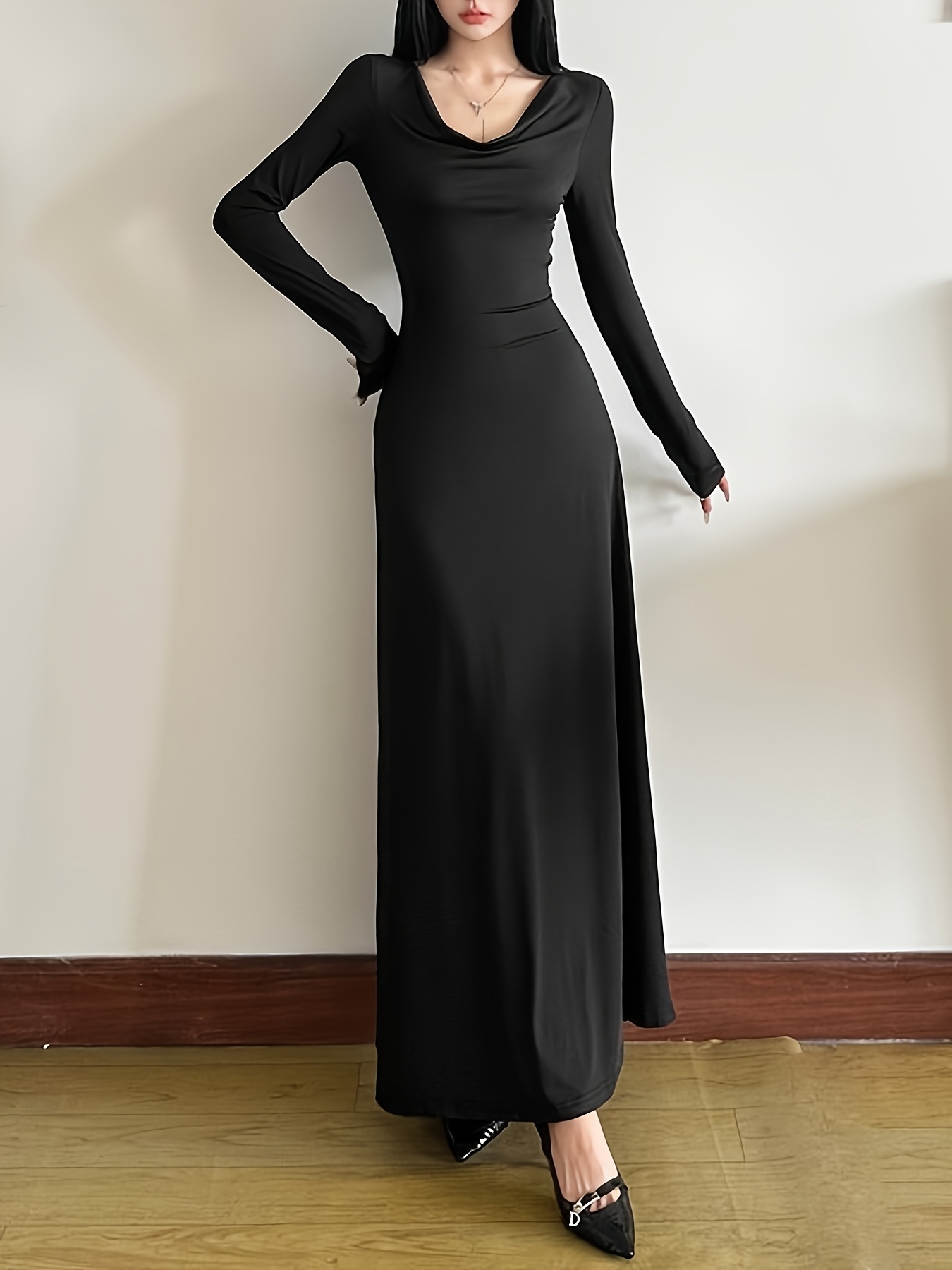 elegant black maxi dress women shoulder v neck long - Temu
