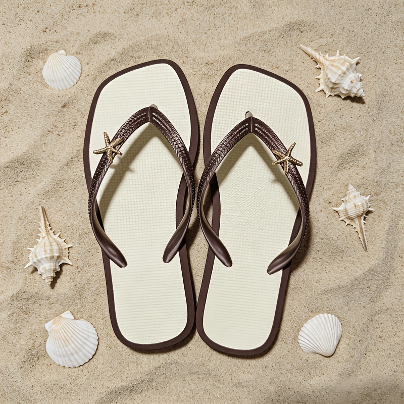 TEMU 2026 New Square Toe Flip-flops With Starfish Decoration, Women's Summer Outdoor Non-slip Toe-post Sandals, Beach Vacation Footwear, Women Shoes
