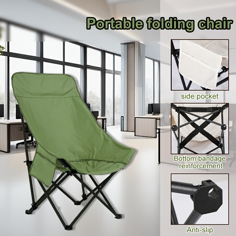 1pc portable folding moon chair high back durable fabric multifunctional lounge chair for outdoor relaxation camping and beach fishing comfortable recliner in black and green models details 0