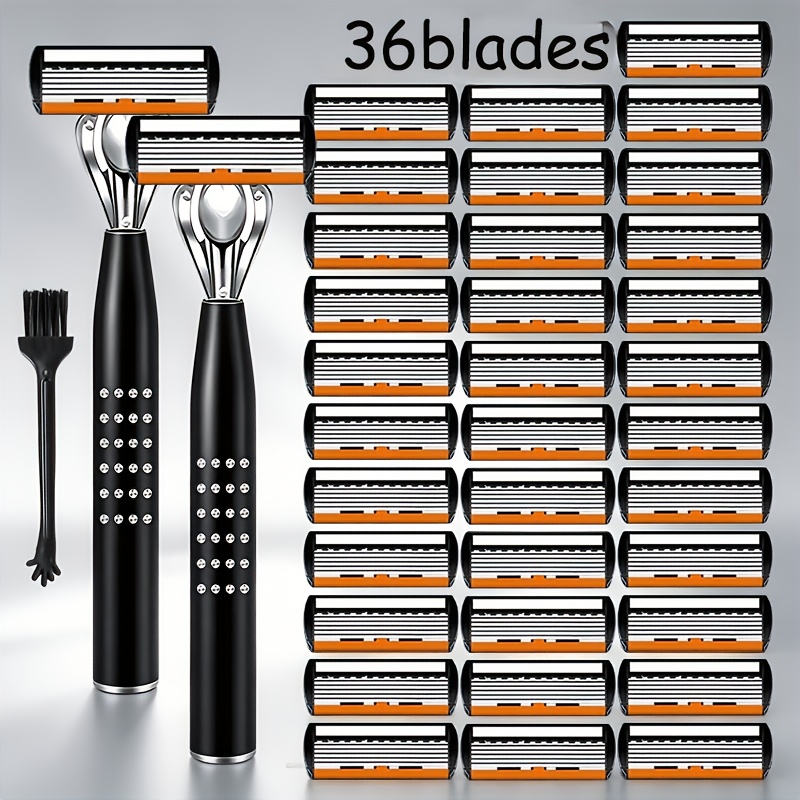 TEMU 2pcs Handles And 36pcs , 6-layer Ultra- Steel Safety Razors, Same Style Premium Diamond-studded Blade Holder, Replaceable Blade Shaving Set,