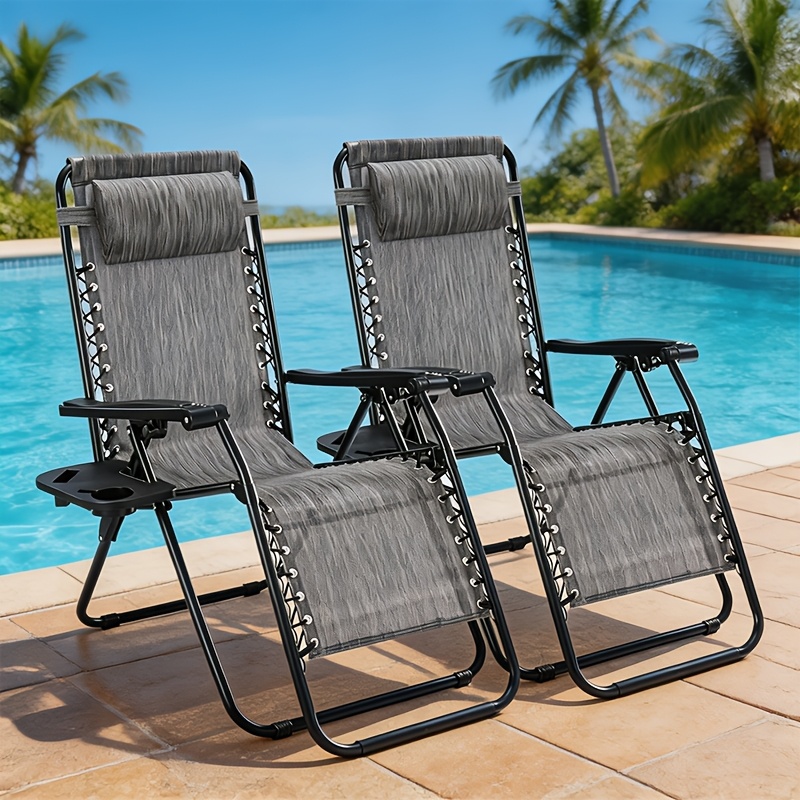 2pcs zero   outdoor folding recliner lounge chair breathable fabric adjustable reclining patio chair with cup holder trays headrest pillow for beach camping poolside backyard garden lawn