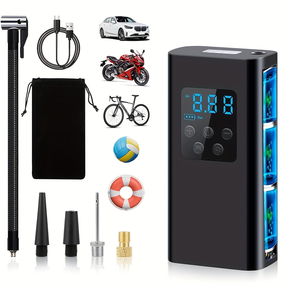 E-shop Tragbarer Luftkompressor mit 3 wiederaufladbaren Akkus, LCD-Display und SOS- – Ideal für Autos, Motorräder und Fahrräder