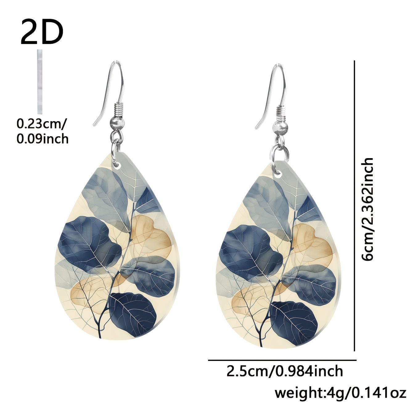 Beige Base Blue-Brown Sheer Leaf Pattern Teardrop Earrings